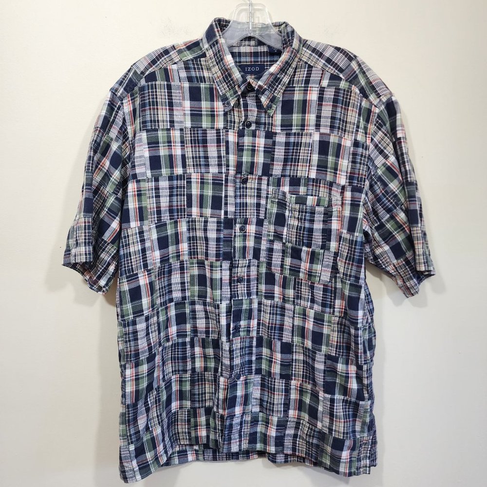 Izod patchwork short sleeve button‎ down shirt men's size medium